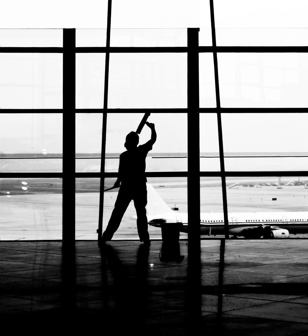 Window cleaner in airport